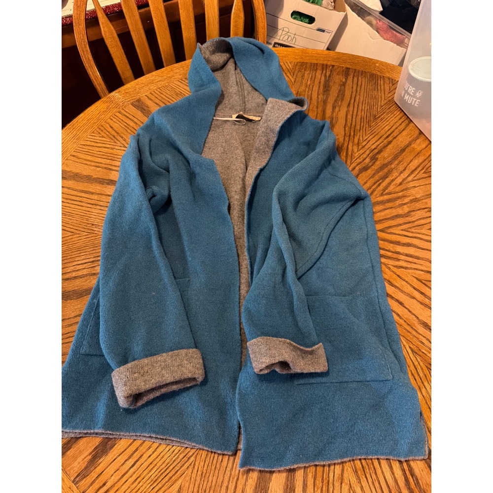 Chiaramente Italy Teal Blue Wool Blend Hooded Open Front Cardigan Sweater Small
